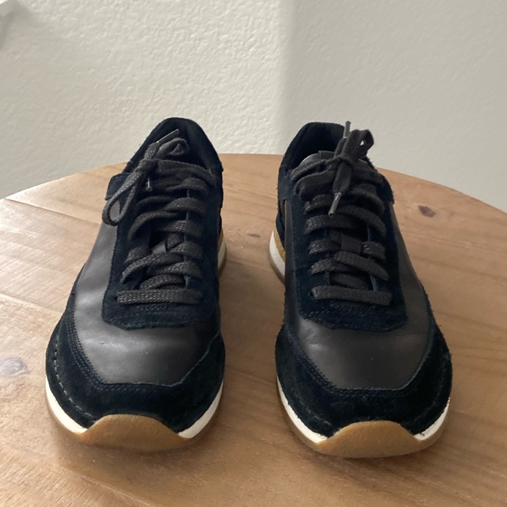 Clarks, 7.5, black leather and suede, white and caramel soles, fashion sneakers
